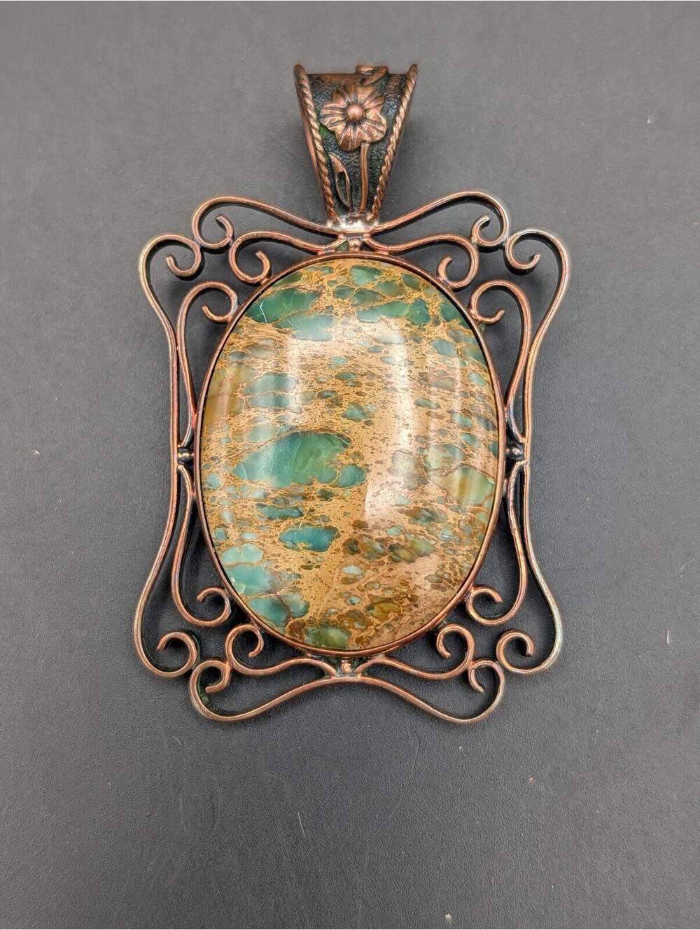 Huge Signed Artisan Copper Pendant Sea Sediment Jasper Oval Cabochon Scroll Boho